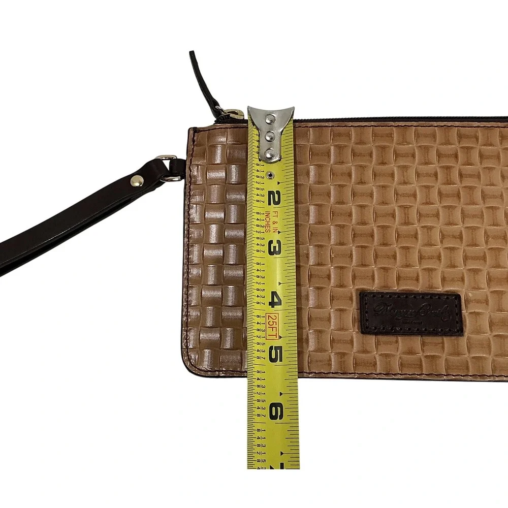 Dooney & Bourke Tan Embossed‎ Woven Leather Wristlet Clutch Bag Brown Trim